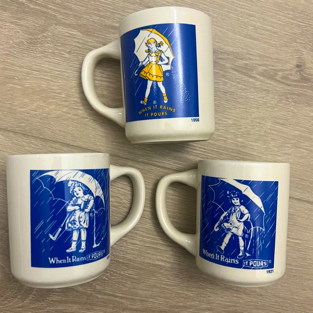 Set of 3 Vintage Morton Salt Coffee Mugs,1914,1921,1956 “When It Rains It Pours”